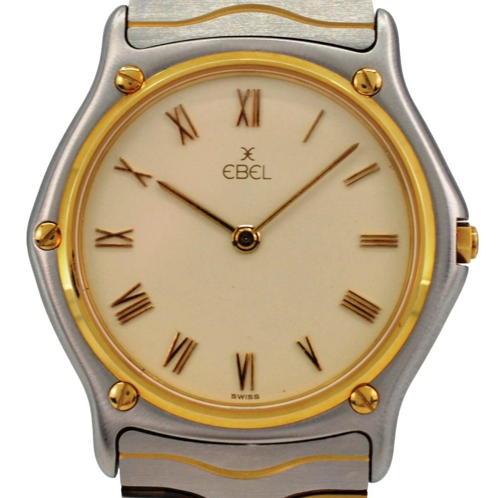 Mens 34mm Ebel Classic Wave Two Tone Beige Dial Swiss Quartz Watch Ref 181903